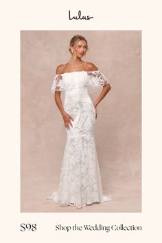 a woman in a white wedding dress with the words shop the wedding collection