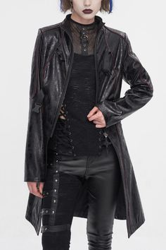 This long punk jacket is made of crackled fabric. Double buckles on the front. Cross zipper for putting on and off. Split on the front center. Slim fitted silhouette. Available in two colors. Color:  Black Materials:  Polyester; Resin Notice:  Other Accessories Are Not Included Style Types:  Punk Version:  Fitted Soft Index:  Fit Elastic Index:  Good Elastic Thickness Index:  Tran Sparent Size Length (in) Bust (in) Waist (in) Shoulder (in) Sleeve (in) Neckline (in) XS 39.4 37 29.9 15 24.8 14.6 S 39.8 39 31.9 15.6 25 15 M 40.2 40.9 33.9 15.9 25.2 15.2 L 40.6 42.9 35.8 16.5 25.4 15.6 XL 40.9 44.9 37.8 16.9 25.6 15.7 2XL 41.3 46.9 39.8 17.5 25.8 16.1 3XL 41.7 48.8 41.7 17.9 26 16.5 Size Length (cm) Bust (cm) Waist (cm) Shoulder (cm) Sleeve (cm) Neckline (cm) XS 100 94 76 38 63 37 S 101 99 81 Alternative Long Sleeve Outerwear With Rivets, Gothic Leather Jacket With Rivets For Alternative Fashion, Black Riveted Outerwear For Alternative Fashion, Alternative Fall Outerwear With Rivets, Gothic Black Outerwear With Rivets, Edgy Biker Jacket With Zipper For Alternative Fashion, Gothic Outerwear With Rivets For Alternative Fashion, Gothic Long Sleeve Leather Jacket For Alternative Fashion, Black Gothic Leather Jacket