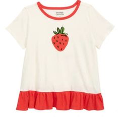 Nwt Harper Canyon Kids' Ruffle Hem Tee In Ivory Egret Strawberry Size 7 Details Kids' Ruffle Hem Tee In Ivory Egret Strawberry A Ruffle Trim Decorates The Hem Of This Cozy Tee For Your Little One. Crew Neck Short Sleeves Chest Graphic Ruffle Hem 100% Cotton Machine Wash, Tumble Dry Imported Cute Ruffled Crew Neck T-shirt, White Ruffled Short Sleeve T-shirt, Sweet White Tops With Strawberry Print, Casual Crew Neck Top With Ruffle Hem, White Short Sleeve Tops With Strawberry Print, Cotton Crew Neck Top With Ruffle Hem, Sweet Red Summer Tops, Short Sleeve Cotton T-shirt With Ruffles, Cotton Ruffled Short Sleeve T-shirt