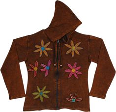 A stonewashed bark brown hooded cotton jacket with multicolored floral appliques on the front.  Made from knit cotton fabric this jacket is lightweight and comfortable, basically a hippie bohemian layer for when the season begin to change. #tlb #Stonewash #Applique #vacationclothing #Jacket #Fall #Floral #bohemianfashion #Handmade #XLPlus #HippieJacket #FallJacket #BohoHoodie #KnitCottonHoodie Boho Hoodie, Hippie Hoodie, Hippie Jacket, Bohemian Style Clothing, Brown Scarves, Hippie Look, Bohemian Handmade, Trendy Skirts, Hippie Outfits