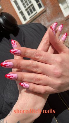 Pink + red flame nail art design #flamedesign Short Flame Nails Designs, Flaming Nails Designs, Pink And Red Flame Nails, Nail Fire Art, Nail Flame Design, Flame Accent Nail, Red Flame Acrylic Nails, Pink Red Nail Art, Red Flames Nails