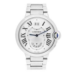 This Cartier Ballon Bleu wristwatch is a luxurious and classic timepiece for men. The watch features a round 38mm stainless steel case with a solid caseback and a silver bezel. The dial is silver with a guilloche pattern and displays dual time and date indicators. The watch is powered by quartz movement and has a water resistance of 30m (3 ATM). Sale comes with a jewelry box and appraisal certificate validating authenticity of the watch. Attached to the appraisal is our in-house 1 year mechanical warranty. Ballon Bleu wristwatch is a great addition to any watch collection, offering a sporty and elegant style that is perfect for any occasion. Luxury White Gold Chronograph Watch With Round Dial, Modern Cartier Chronograph Watches, Classic Cartier Watch With Metal Dial, Classic Cartier Watch, Classic Cartier Chronograph Watch Accessories, Timeless Cartier Chronograph Watch Accessories, Classic Cartier Watch Accessories With Chronograph, Classic Cartier Watch Accessories With Date Indicator, Timeless Cartier Watch Accessories With Chronograph