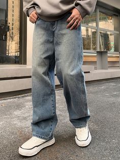 Blue  Collar  Denim Plain Straight Leg Embellished Non-Stretch  Men Clothing Straight Leg Jeans Mens, Mens Loose Jeans, Men Straight Jeans, Straight Fit Pants Men, Men’s Straight Leg Jeans, Straight Fit Jeans Outfit Men, Straight Jeans Outfit Men, Men Loose Jeans, Straight Leg Jeans Outfits Men