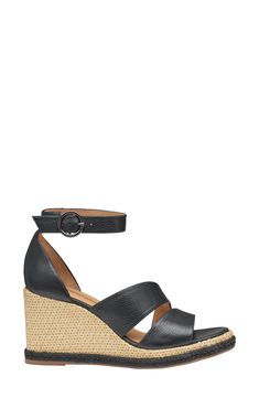 A woven wedge heel makes a bold addition to an ankle-strap sandal complete with comfort-enhancing OrthoLite cushioning. Adjustable ankle strap with buckle closure; hidden elastic inset OrthoLite® footbed Leather upper and lining/rubber sole Made in Brazil Adjustable Wedge Sandals With Heel Strap And Open Heel, Chic Adjustable Ankle Strap Wedge Sandals, Wedge Sandals With Stacked Heel Medium Width, Wedge Sandals With Buckle Closure, Leather Wedge Sandals With Block Heel For Vacation, Chic Wedge Sandals With Ankle Strap And Cushioned Footbed, Vacation Wedge Sandals With Heel Strap Medium Width, Medium Width Wedge Sandals With Heel Strap For Vacation, Adjustable Wedge Sandals With Stacked Heel