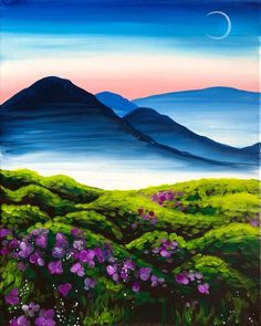 an acrylic painting of mountains and flowers in the foreground with a crescent moon