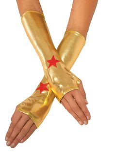 two hands wearing gold gloves with red stars on them