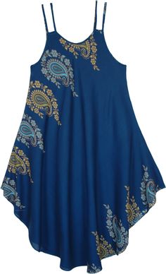 A sleeveless free-size summer dress with ethnic paisley prints in yellow and cyan blue colors on soft rayon fabric.  This freestyle dress features twin string tank top style shoulder straps that look fancy and trendy. #tlb #Sleeveless #HighLow #beachwrap #Printed #Paisley #BabydollDress #PaisleyDress Blue Printed Sleeveless Sundress, Blue Paisley Print Sundress, Sleeveless Paisley Print Beach Dress, Summer Sleeveless Paisley Print Dress, Blue Flowy Printed Sundress, Summer Sleeveless Dress With Paisley Print, Sleeveless Summer Dress With Paisley Print, Flowy Blue Printed Sundress, Yellow Sleeveless Sundress For Festival