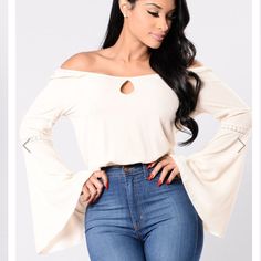 Fashion Nova’s Don’t Change Me Top Off Shoulder Long Bell Sleeve Crochet Sleeve Detail Front Keyhole Elastic Trimming 96% Polyester 4% Spandex Size: Small Stretch Beige Tops In Elastane, Beige Stretch Tops In Elastane, Beige Stretch Elastane Tops, Casual Beige Elastane Tops, Stretch Off White Top For Fall, Stretchy Off-white Top For Fall, Off White Stretch Top For Fall, Beige Elastane Top For Summer, Stretch Off White Tops For Spring