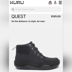 Kuru Men's Shoes Boots Quest Smokestack Black Size 10 $185.00 Go The Distance. In Style, For Men. A Quest For Comfort Feel Confident In Your Style And In Your Footing, Then Do More Thanks To All-Day Comfort And Consistent Support. Quest Was Built For Spending Quality Time Outdoors, With High-Quality Leather, High-Top Ankle Support, And Grippy Rubber Outsoles. Quick Facts Shoe Weight. 18oz Footwear Boot Width D Heel To Toe Drop 12mm Leather Uppers Synthetic Linings Rubber Outsole Gusseted Tongue Best For: Hiking, Yardwork, Camping Great Condition Used Once Or Twice Size 10 Kuru Shoes, Go The Distance, Style For Men, Ankle Support, Mens Shoes Boots, Work Shoes, Quality Time, Feel Confident, High Quality Leather