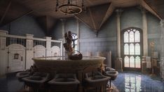 an old church with stained glass windows and pews in the foreground, there is a round table surrounded by chairs