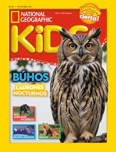 a magazine cover with an owl sitting on top of it's front page and the words national geographic kid written in spanish