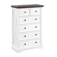 a white and brown dresser with drawers on it's sides, against a white background