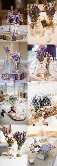 several pictures of different vases filled with flowers and lavenders on top of each other