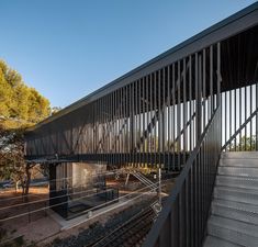 the stairs lead up to an outdoor area with trees and bushes on either side of the walkway