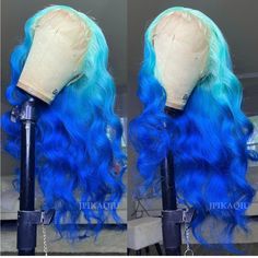 Ombre Blue Lace Front Wigs Synthetic Long Wavy Natural Hair Wig Blue Colored Glueless Lace Front Wig Pre Plucked Heat Resistant Synthetic Lace Front Blue Black Lace Front Wig, Wigs Colors For Black Women, Ocean Blue Hair Color, Blue Hair Photoshoot, Blue Wigs For Black Women, Crown Wigs, Dyed Hair Ideas, Colored Lace Front Wigs, Blue Lace Front Wig