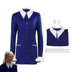 a woman wearing a blue jacket and white collared shirt next to other clothing items