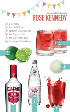 the ingredients for a drink are shown in this graphic style, including limes and vodka