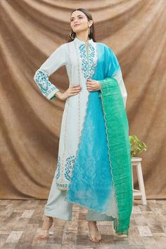 Buy Blue Cotton Silk Embroidery Thread Band Kurta Palazzo Set For Women by Aiman Online at Aza Fashions. Shaded Dupatta, Kurta Palazzo Set, Scallop Border, Blue Kurta, Embroidered Motifs, Palazzo Set, Silk Kurta, Scallop Trim, Pattern Embroidery