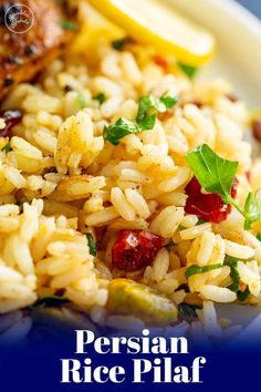 a plate full of rice and vegetables with the words persian rice pilaf