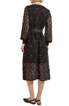 A gorgeous lace overlay sets the mood for this elegant dress framed by sheer bishop sleeves and a removable belt for versatile accessorizing. 47" length Hidden back-zip closure Jewel neck Long sleeves with button cuffs Removable tie belt Lined 100% polyester Hand wash, line dry Imported Black Midi Dress With Lace Sleeves, Long Sleeve Black Dress With Geometric Embroidery, Black Lace Midi Dress With Sheer Sleeves, Black Long Sleeve Dress With Geometric Embroidery, Luxury Black Midi Dress With 3/4 Sleeves, Black Lace Midi Dress, Lace Midi, Sweater Dress Midi, Bell Sleeve Dress