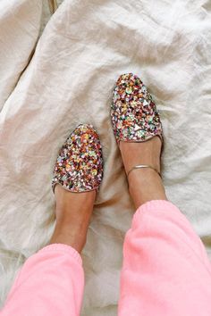 Party time! Our confetti slides by Llani are just what you need to lift your mood and start a party everywhere you go. These vintage inspired suede loafers are completely embellished by hand. Sequins in all shapes and colors create a stunning mix of texture and shine. Luxury meets effortless comfort with a memory foam cushioned insole. Shapes And Colors, Gold Rings Jewelry, Shoe Gifts, Suede Loafers, Gucci Mules, Hat Hairstyles, Cute Shoes, Party Time, Confetti