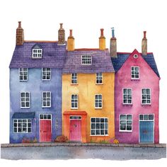 watercolor painting of colorful houses with windows and shutters on the front, in different colors