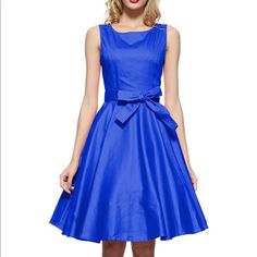 Full Skirt Swing Dress! Would Look Great With A Crinoline! Beautiful Blue Color! Blue Full Skirt Dresses For Spring, Blue Sleeveless Dress With Bow, Blue Casual Dress With Full Skirt, Sheer Black Shirt, Forest Green Dresses, White Lace Mini Dress, White Sundress, Athleta Dress, Flare Sleeve Dress