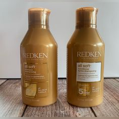 New Redken All Soft Shampoo & Conditioner Set Each Bottle Is 10.1 Fl. Oz Shampoo Benefits: The Benefits Prescribed For Softer Hair And Formulated With Argan Oil, Redken's All Soft Shampoo Gently Cleanses Dry, Rough Hair While Providing Moisture To A Create 15x More Conditioned* Look And Feel. The Enriching Moisture Complex Replenishes Hair Moisture Creating Intense Softness While A Smart, Targeted Delivery System - Treats Hair From The Root To The Core To The Tip, Giving All 3 Levels Of The Hair Redken Shampoo And Conditioner, Hairstyle Tools, Softer Hair, Rough Hair, Redken All Soft, Redken Hair Products, Gold Bottles, Hair Supplies, Brittle Hair