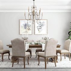 a dining room table with chairs and a chandelier