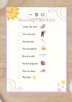 a printable morning checklist on a wooden table