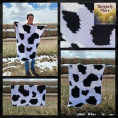 the cow print blanket is made with black and white yarn