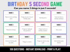 birthday 5 second game for kids with the name and number on it, which includes five cards