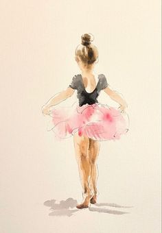 a watercolor painting of a ballerina in pink tutu and black leotard