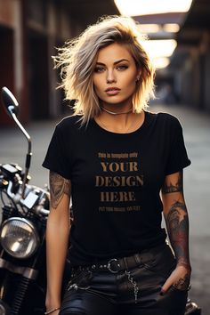 Biker Style Crew Neck T-shirt With Custom Print, Black Biker Shirt With Crew Neck, Biker Style Crew Neck Tops With Front Print, Biker Tops With Front Print And Crew Neck, Black Biker Crew Neck Top, Black Biker T-shirt With Custom Print, Girl Biker, Motorcycle Street, Tshirt Mockup