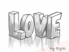 the word love is drawn in pencil on a white paper with reflective reflection behind it