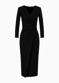 Viscose-blend Milano-stitch midi dress | GIORGIO ARMANI Woman Elegant Bodycon V-neck Evening Dress, Formal Long Sleeve Maxi Dress With Flattering Silhouette, Elegant V-neck Bodycon Dress For Formal Occasions, Formal Elastane Dresses, Gala Elastane Bodycon Dress, Elegant Long Sleeve Ruched Dress, Dressy Sheath Dress For Gala, Gala Evening Dress In Elastane, Sleek V-neck Elastane Dress