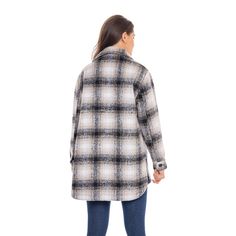 This S.E.B. by SEBBY brushed plaid shirt jacket for women offers a long oversized fit at a great price point. Bringing designer details and all-around comfort, this women's shacket coat will not disappoint. It features roomy side entry pockets for ample storage and to keep your hands warm on chilly days. It features brown faux horn marble buttons for a very refined look. The shaket can be worn as a fall coat and right into the winter as true outerwear layered over heavier top. The brushed wool l Winter Plaid Collared Shacket, Casual Oversized Flannel Outerwear, Trendy Oversized Plaid Outerwear, Oversized Plaid Shacket Casual Style, Oversized Plaid Flannel Shirt With Pockets, Casual Oversized Plaid Outerwear, Oversized Black Flannel Shirt For Winter, Trendy Plaid Shacket, Casual Plaid Shacket For Winter