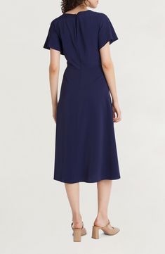 A desk-to-dinner dress is rendered in classic navy and fixed with fluttering sleeves for a dash of added charm. 47 1/2" length Hidden back-zip closure Jewel neck Short sleeves 100% polyester Machine wash, tumble dry Imported Evening Midi Dress, Grey Midi Dress, Flounced Dress, Empire Dress, Dinner Dress, Pink Midi Dress, Green Midi Dress, Sleeve Midi Dress, Midi Dress With Sleeves