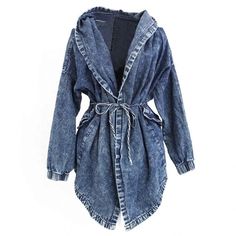 Fabric: Cotton Sleeves: Long Jacket Length: Short Season: Autumn Collar: Hooded Thickness: Thick Closure Type: Belt Trench Coat Hoodie, Jean Jacket Hoodie, Oversize Coat, Hooded Jean Jackets, Long Denim Jacket, Casual Denim Jacket, Moda Denim, Denim Trench Coat, Hooded Trench Coat