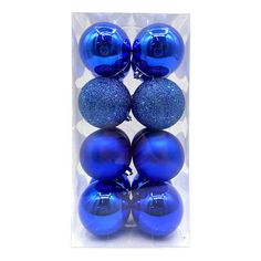 blue christmas ornaments in a package on a white background