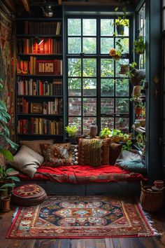 a room filled with lots of books and plants