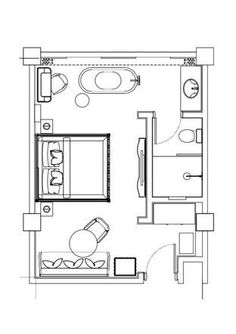 a drawing of a bedroom and living room in one floor, with furniture on the other side