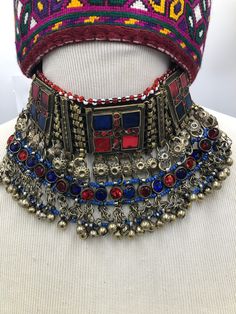 Afghan Tribal Vintage Statement Choker, Afghan Choker With Beads and Glass Stones, Note: The product is handmade, so slight change might occur in the actual product. Choker Designs, Afghan Jewelry, Afghan Clothes, Pakistani Dress, Statement Choker, Jewelry Statement, Ethnic Jewelry, Bohemian Jewelry, Beaded Chain