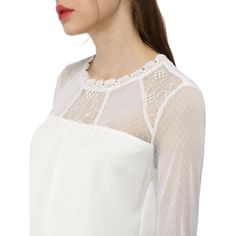 The floral lace makes this gauzy top a romantic night-out option. Floral embroidery embellishes the lace of a romantic blouse with a ruffled neck trim. Turn on the charm in this lacy blouse cut with a keyhole back and delicate frilled cuffs. Timeless charm evokes itself in this homespun blouse that's decorated with lace. Lacy sleeves add texture and movement to a top that exemplifies vintage refinement. Made of airy eyelet lace, this swingy top nails that whole peasant thing with pretty shirring Feminine Spring Lace Top, Summer Party Mesh Top With Lace Trim, Chic Lace Patchwork For Party, Sheer Lace For Spring Party, Elegant Mesh Top With Sheer Sleeves, Spring Feminine Lace Collar Top, Feminine Lace Top For Spring, Spring Evening Blouse With Lace Sleeves, White Feminine Lace Top With Lace Trim