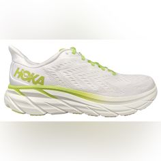 Brand New With Original Box. Never Worn. No Flaws. Authentic Hoka One One Clifton 8 Women’s Running Shoes Color Is Ggbwt Green Glow Bright White Size Us Women’s 5 Regular Width This Is The Jhk Edition Which Is Short For Johannes Hsflot Klbo Made Exclusively For Hoka In Norway On Behalf Of The Athlete. All Websites That Used To Sell These Shoes Are Norwegian And So Is The Klaebo. This Limited Design Uniquely Features A Smile On The Heel Tab. These Are Extremely Uncommon And Nearly Impossible To F Functional Medium Fit White Running Shoes, White Slip-on Breathable Running Shoes, White Running Shoes Medium Fit, White Running Shoes With Medium Fit, White Running Shoes For Errands, White Running Shoes For Running Errands, White Running Shoes With Ortholite Insole, White Slip-on Running Shoes With Boost Midsole, White Cushioned Slip-on Running Shoes