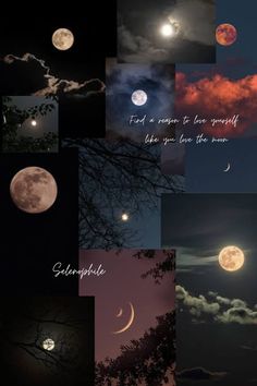 a collage of photos with the moon and clouds in them, all showing different phases