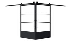 an open door with black frame and metal bars on the top, in front of a white background