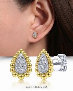 14K YellowWhite Gold Fashion Earrings EG13978M45JJ #GabrielNY #DiamondJewelry #FineJewelry #GabrielAndCo #UniqueJewelry #FineJewelry#FashionJewelry#UniqueJewelry#GiftIdeas#UniqueGifts  #DiamondJewelry #Jewelry #Earrings #FashionEarrings#YellowWhiteGoldEarring Beaded Frame, Twist Hoop Earrings, Boho Chic Earrings, Bead Frame, High Jewellery, Metal Ball, Diamond Stud Earrings, Diamond Stud, Lovely Jewellery