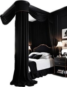 a bed with black drapes on it and a night stand in front of it