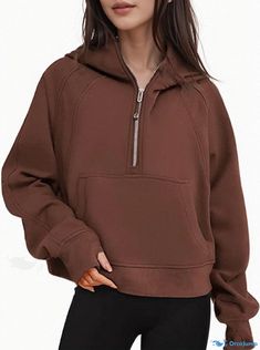 Orcajump - Loose-fitting Hooded Sweatshirt with Half Zipper and Fleece Lining, Perfect for Yoga and Sports Coffee Color, Coffee Colour, Active Wear Outfits, Hooded Sweatshirt, Hooded Sweatshirts, Active Wear, Loose Fitting, Yoga, Zipper